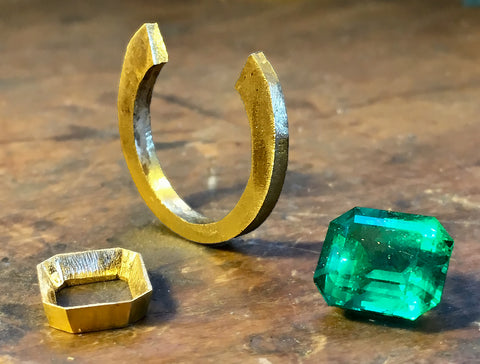 emerald, handfabricated ring, and setting in the making