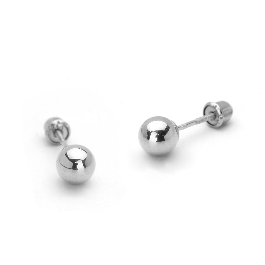  14k White Gold Ball Stud Earrings with Secure Screw