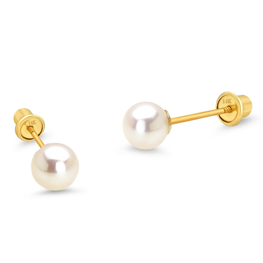 Pearl and CZ Flower Baby and Toddler Earrings in 18K Gold with Safety Screw  Backs