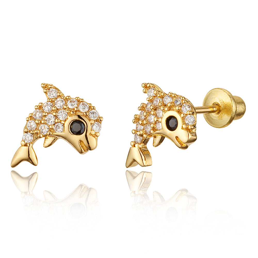 14k Gold Plated Brass Dolphin CZ Screwback Baby Girls Earrings with Si ...