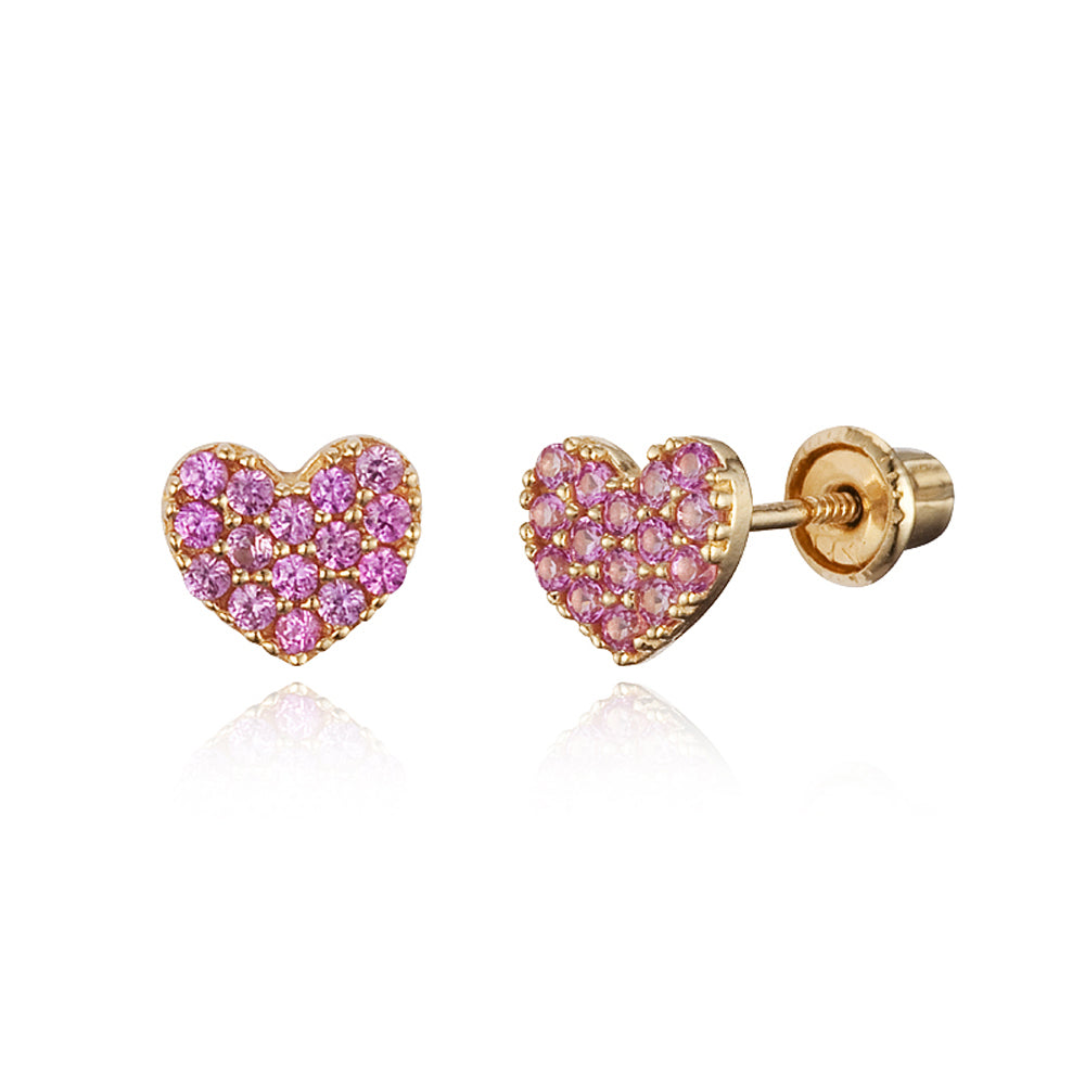 14k Yellow Gold Pave Heart CZ Children Screwback Baby Girls Earrings ...