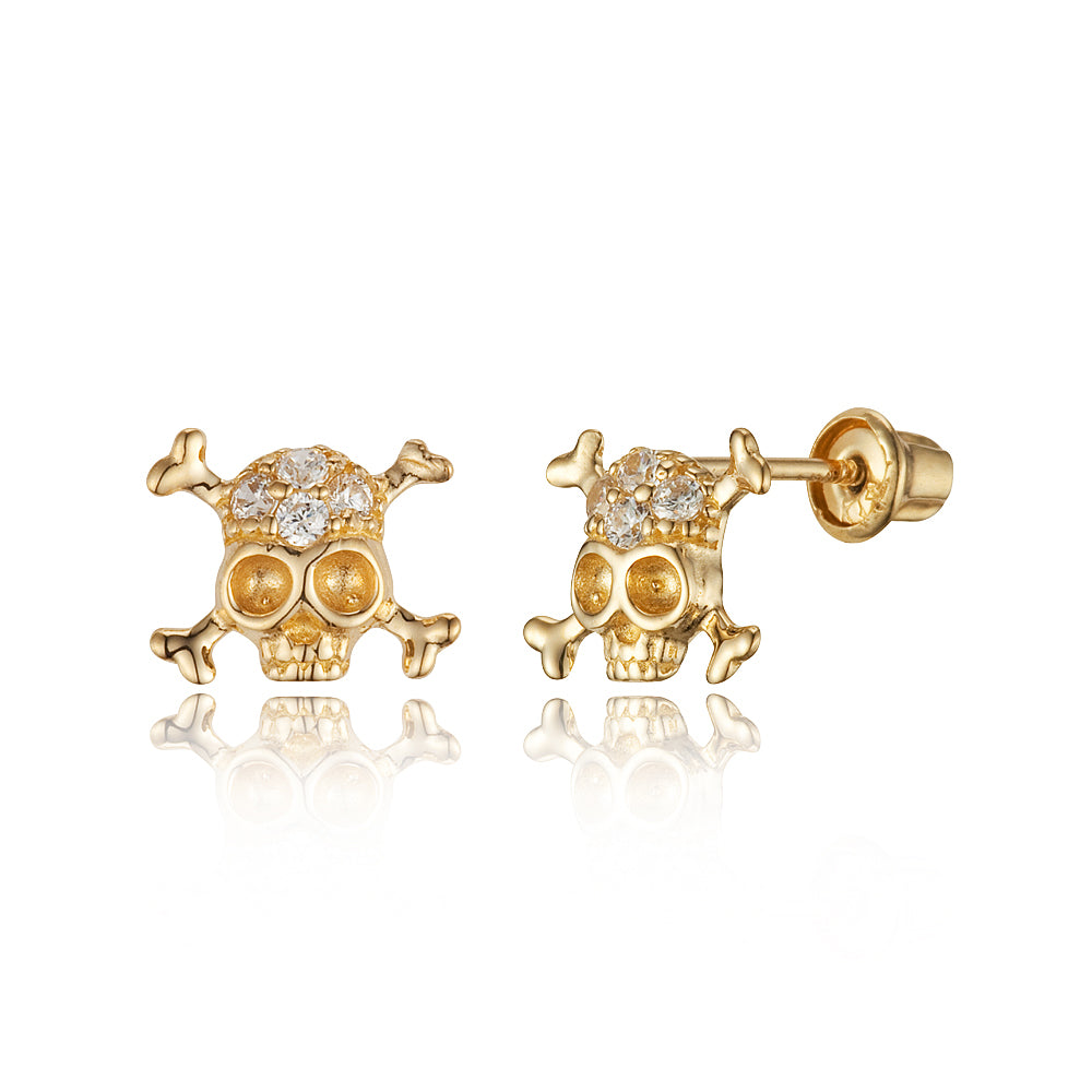 14k Yellow Gold Skull CZ Children Screwback Baby Girls Stud Earrings ...