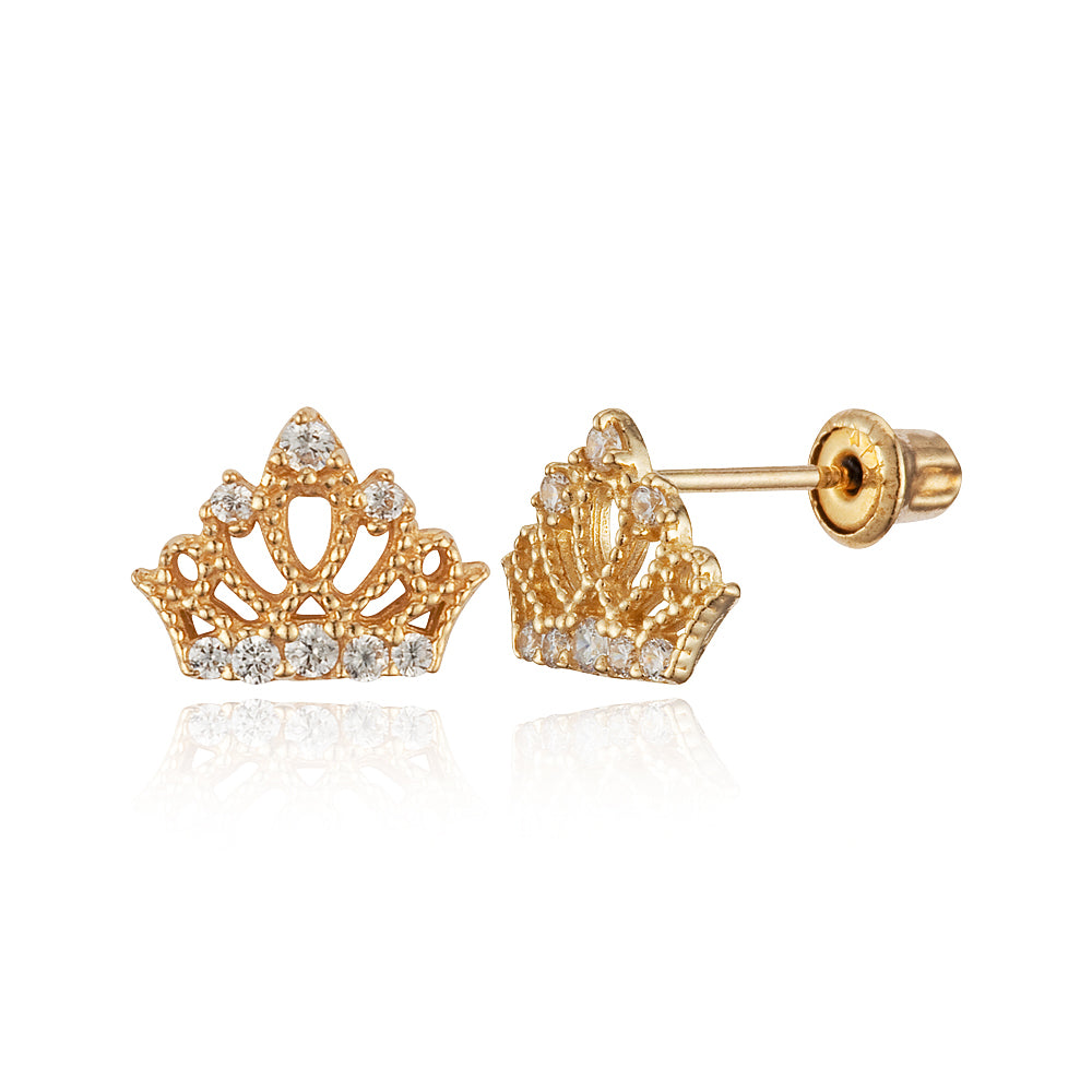 14k Yellow Gold Princess Crown Cz Children Screwback Baby Girls Stud E