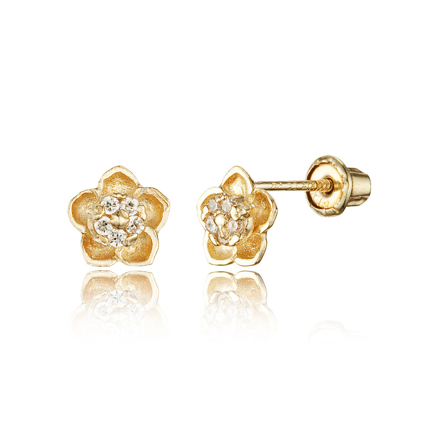 14K Yellow Gold Pink CZ Open Flower Screw Back Earrings For Girls –