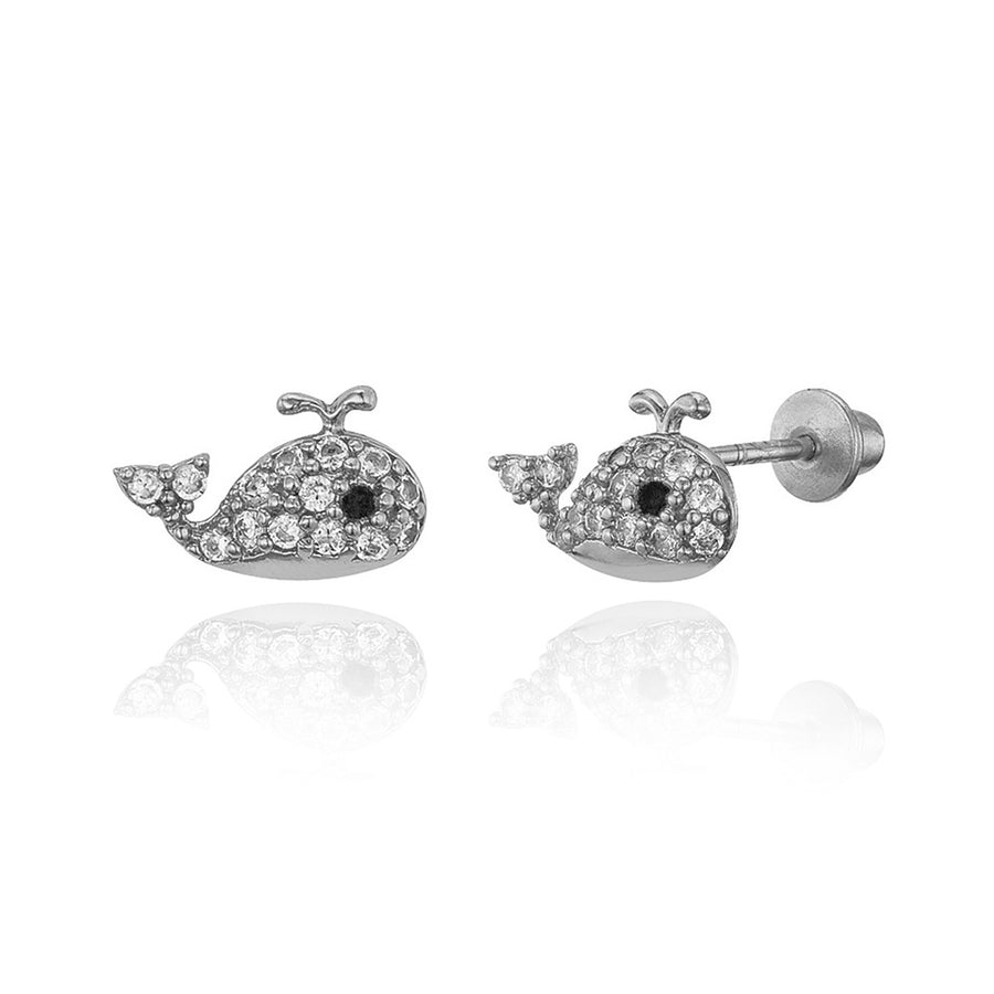 925 Sterling Silver Rhodium Plated Baby Whale CZ Screwback Baby Girls ...