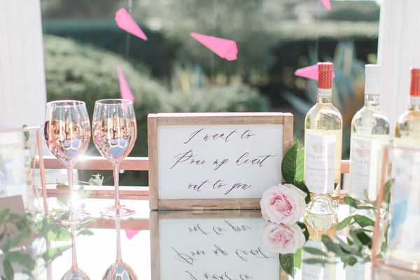 rustic sign on bar cart