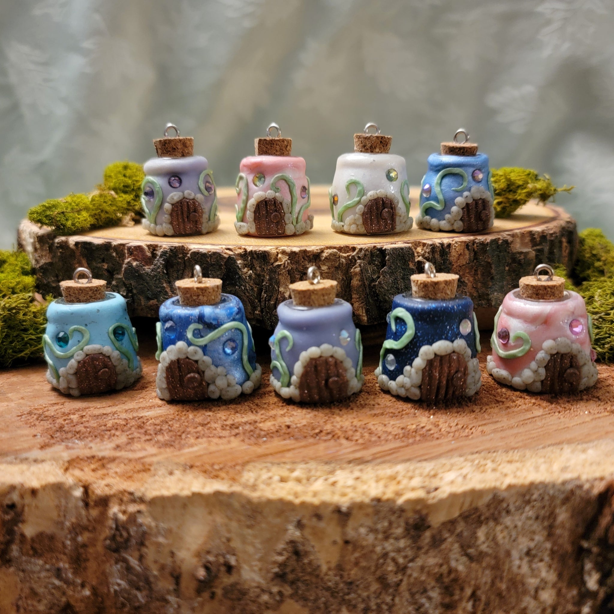two rows of fairy house pendants