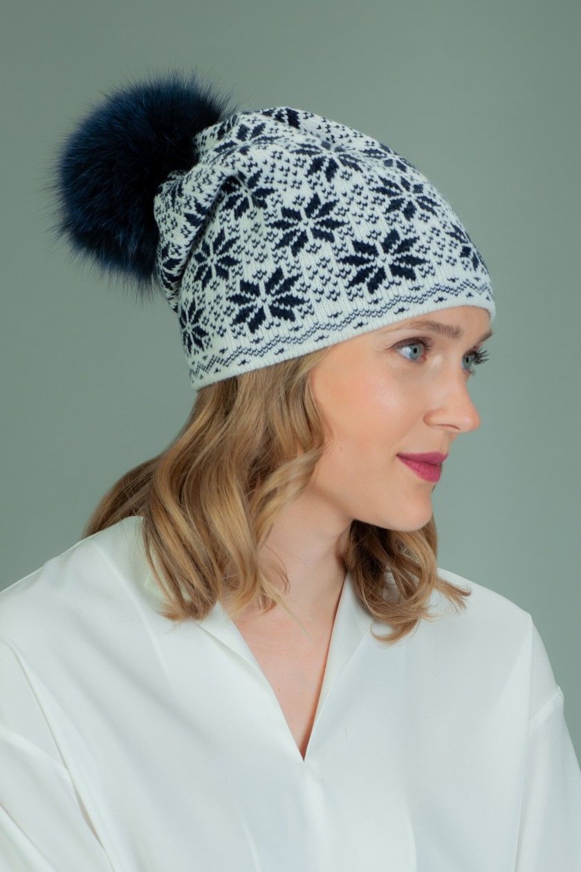 Wool Hat with Fur Pom-Pom in Santa Deer Pattern - Dark Blue – AVIMA