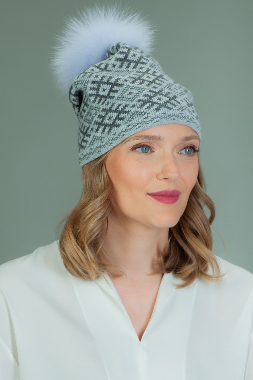 Gray Merino Wool Knit Hat with Faux Fur Pom Pom – Woolly Bear Knits