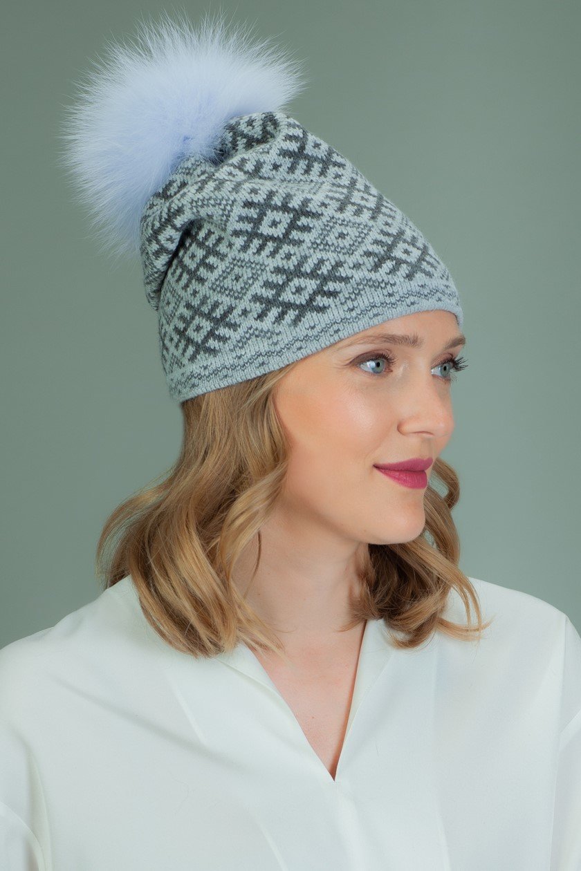 Hand Knit Merino Wool Hat with Fox Fur Pom-Pom - Light Purple