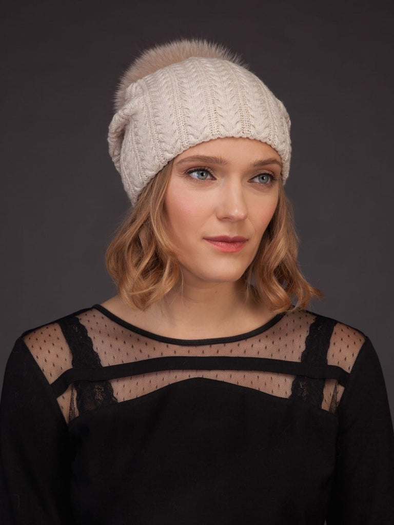 Cashmere Real Fur Pom Pom Beanie, Knit Hat, Cozy and Super Soft