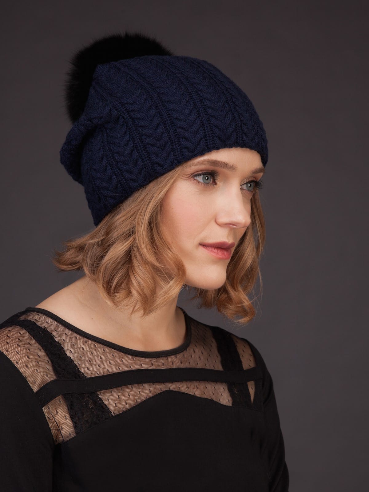 Black pure cashmere fur pom pom cable knit beanie hat