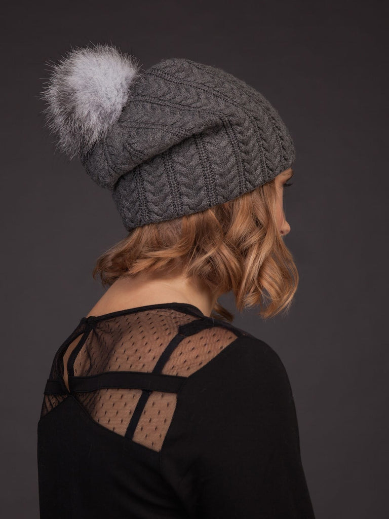 Women's Leopard-Print Knit Cashmere Beanie Hat with Fox Fur Pom | Overland