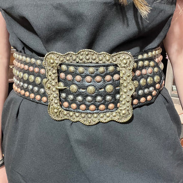 Black Leather with Gold Silver & Brass Studs Belt