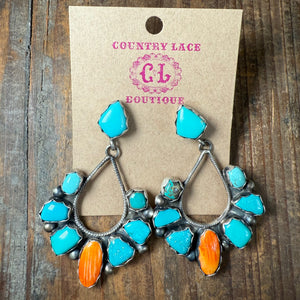Stunning Statement Turquoise with Orange Spiny Post Sterling Silver Earring - Country Lace Boutique