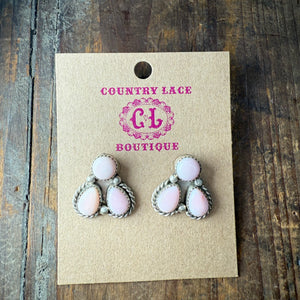 3 Stone Pink Conch Half Cluster Post Sterling Silver Earring - Country Lace Boutique