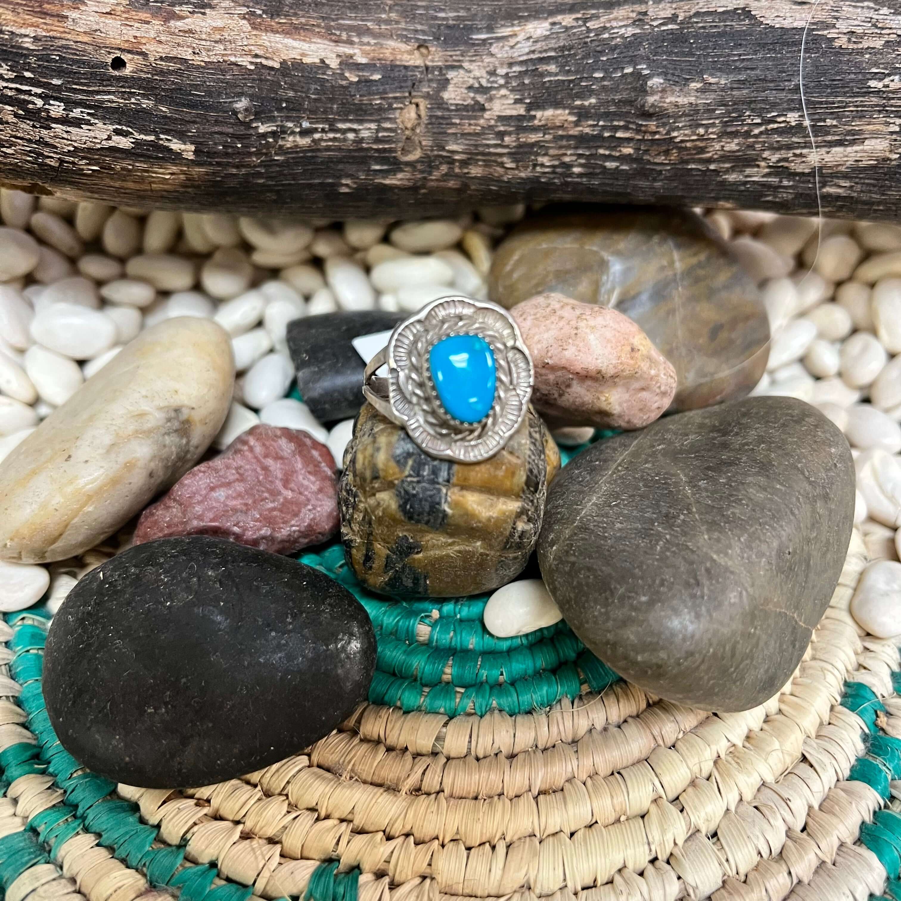 Single Turquoise Stone Genuine Ring W/ Flower Detail