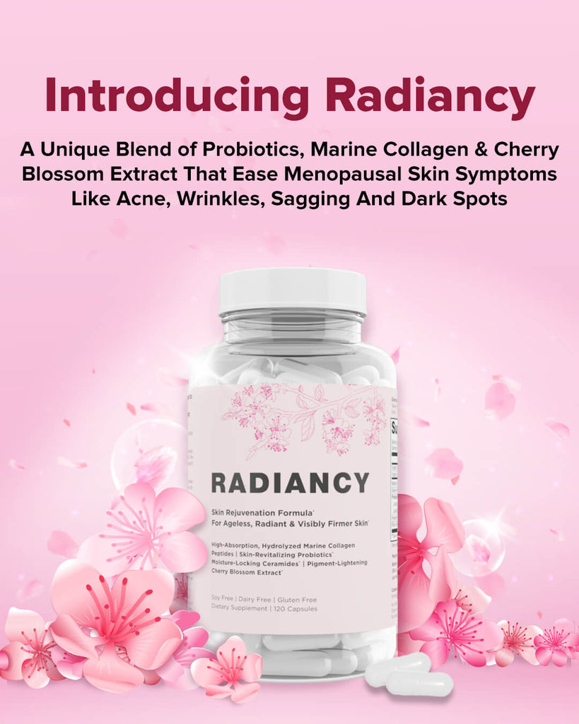 Radiancy, a unique blend of probiotics, marine collagen & cherry blossom extract that ease menopausal skin symptoms like acne, wrinkles, sagging and dark spots