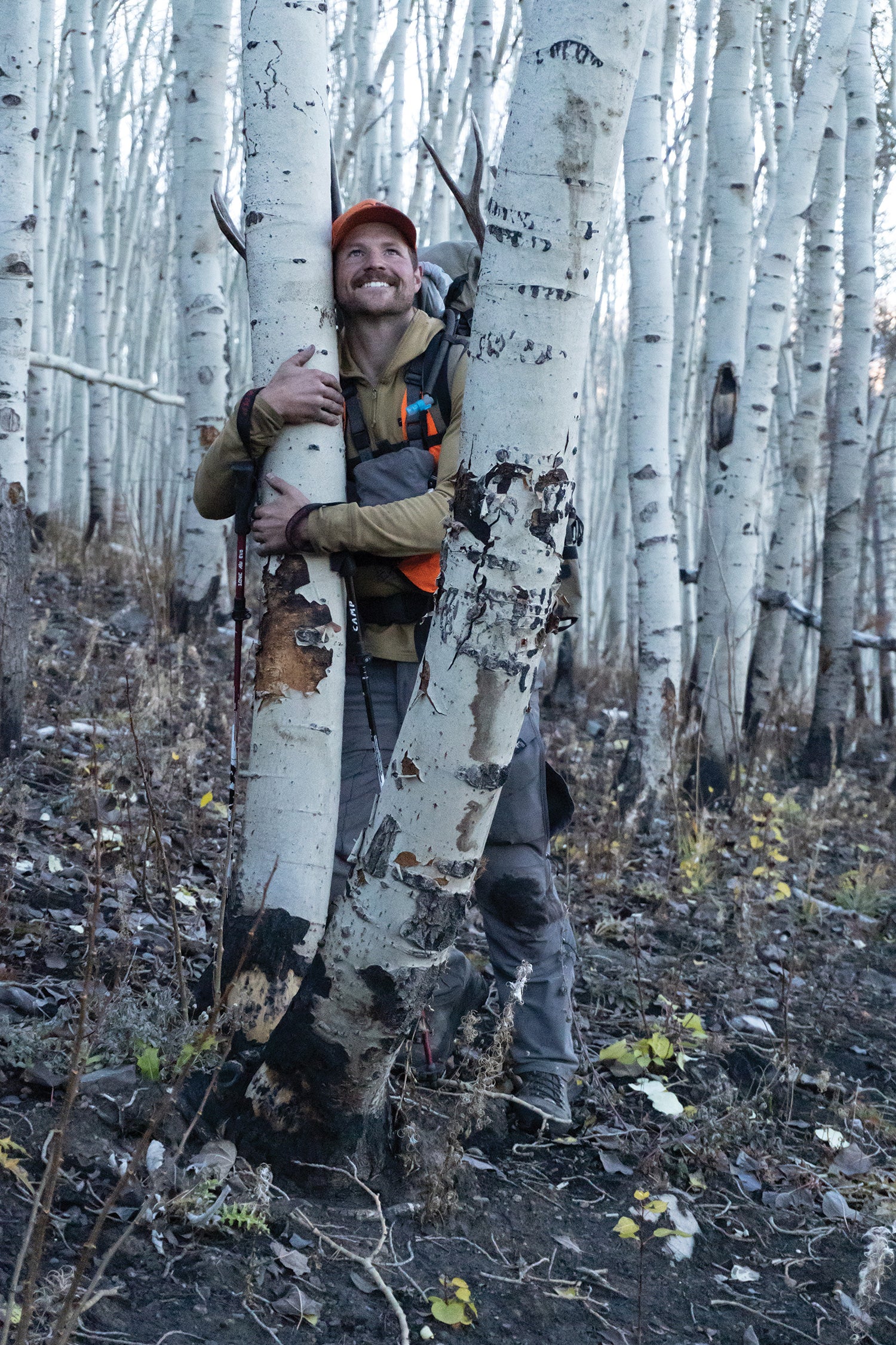 Hunter with mule deer buck in aspen trees