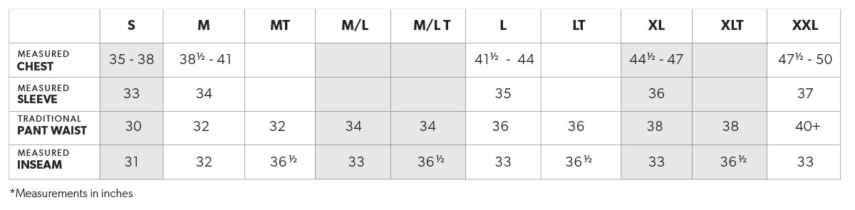 Stone Glacier Size Chart Table