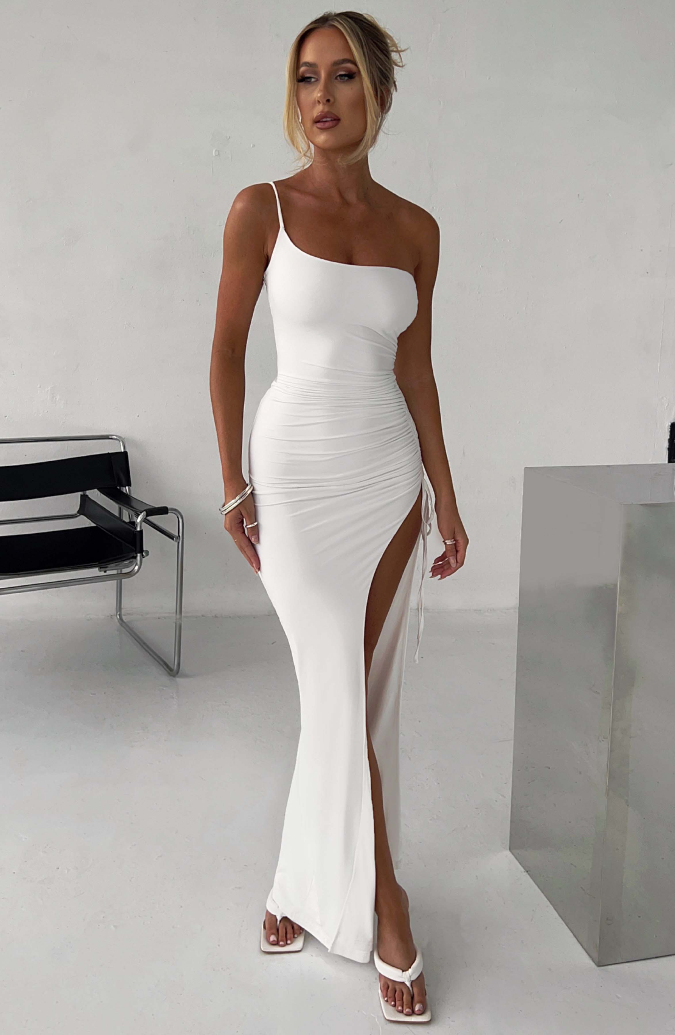 Announcement, White Maternity Ruched Mesh Maxi Dress