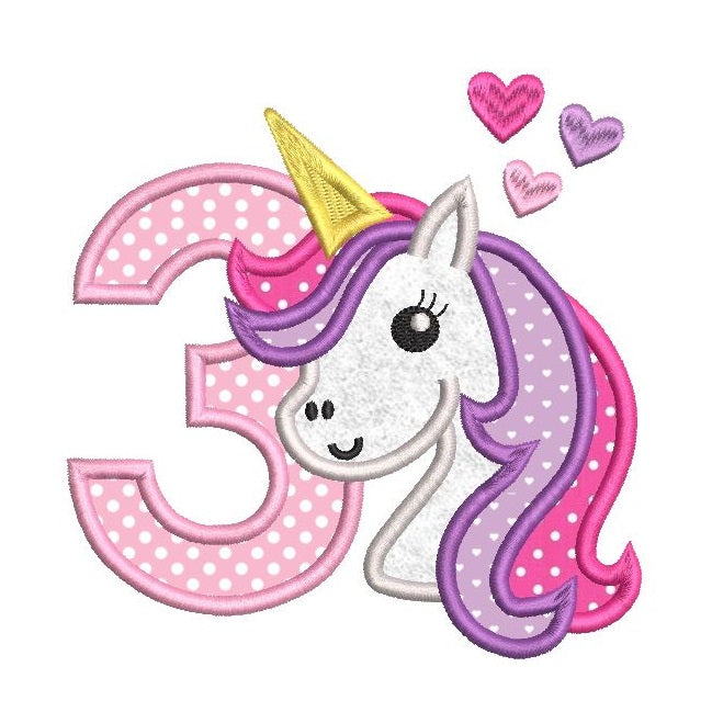 Girl S 3rd Birthday Unicorn Applique Design Rosieday Embroidery