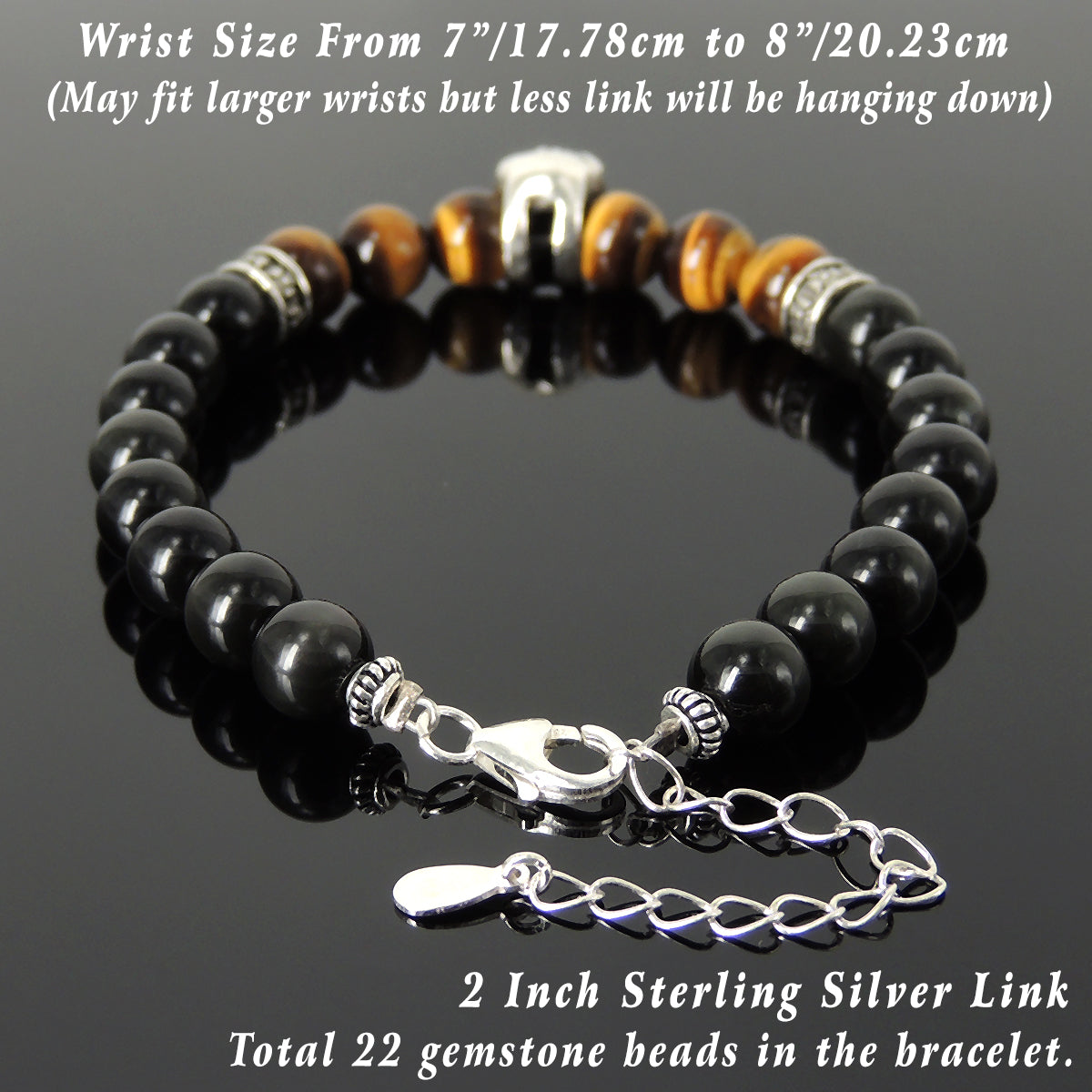 Tiger Eye Stone Black Obsidian Gem and Hematite Bead Bracelet 