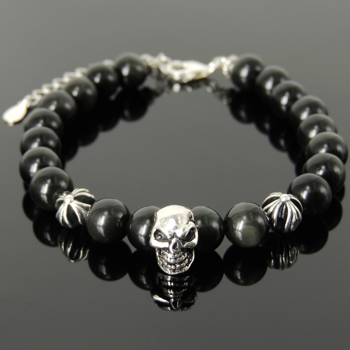 Handmade Spiritual Skull & Cross Clasp Bracelet Rainbow Black Obsidian ...