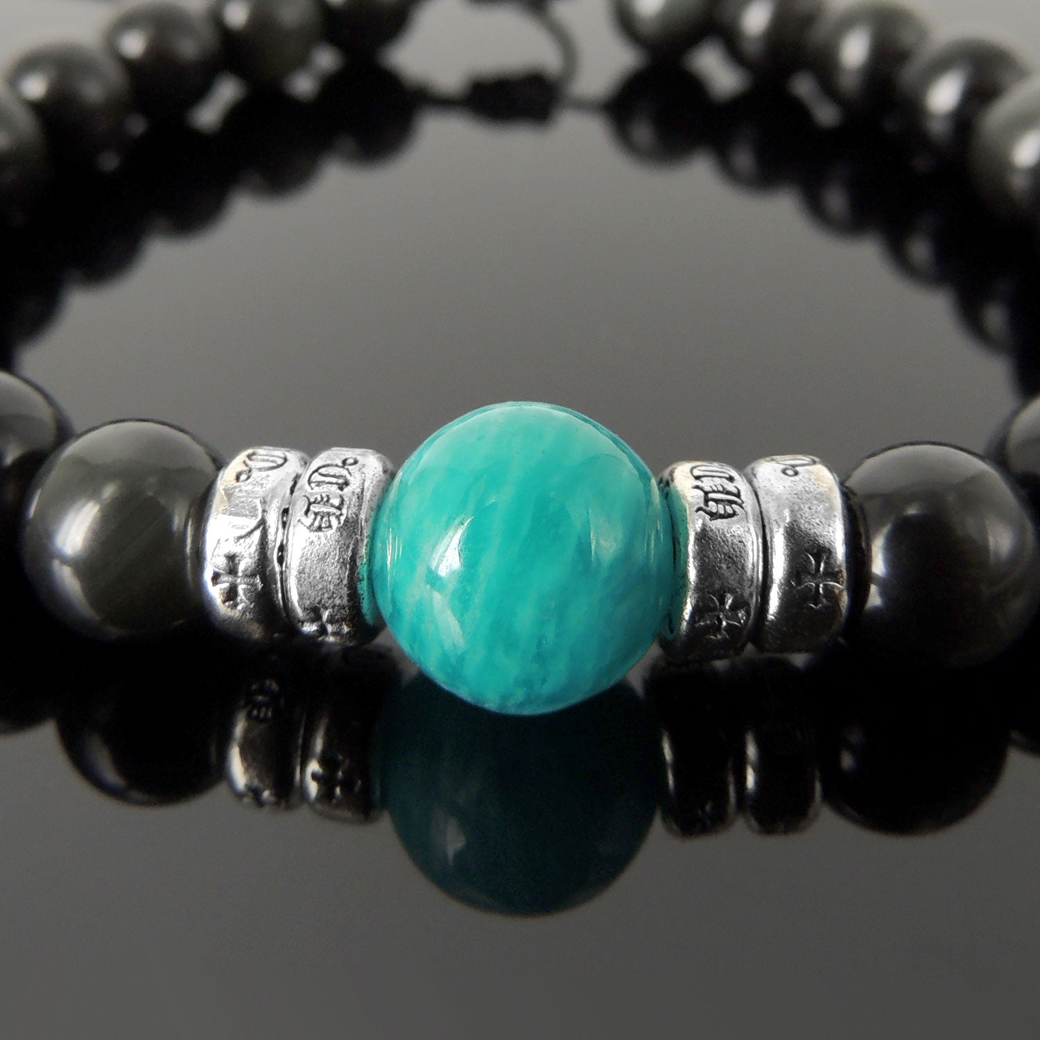 Celtic Font Braided Gemstone Bracelet Amazonite Crystal Black Obsidian Gem Silver