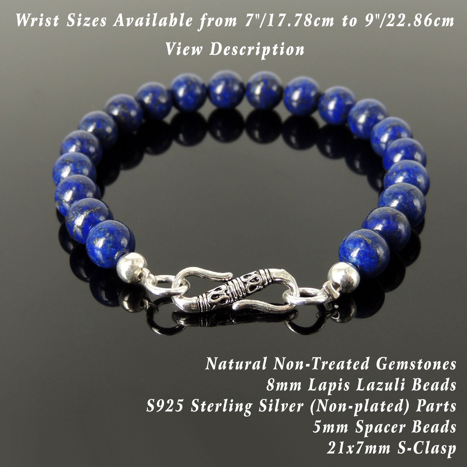 8mm Lapis Lazuli Healing Gemstone Bracelet with Sterling Silver Clasp ...