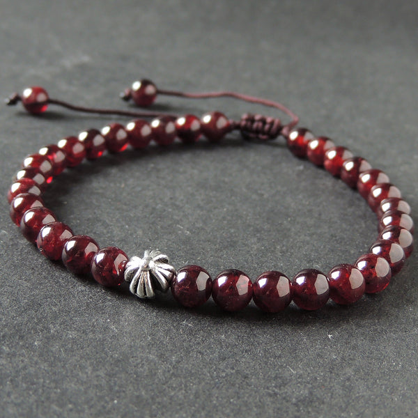 Natural Garnet Stone Braided Bracelet with Tibetan Silver Cross Bead ...