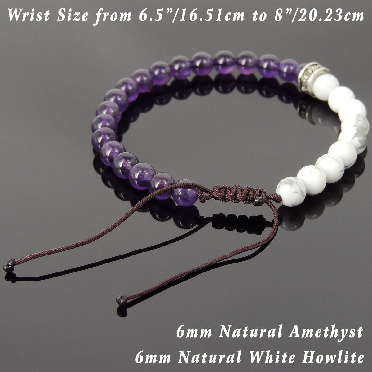 Amethyst & White Howlite Adjustable Gemstone Bracelet w/ Silver Cross ...