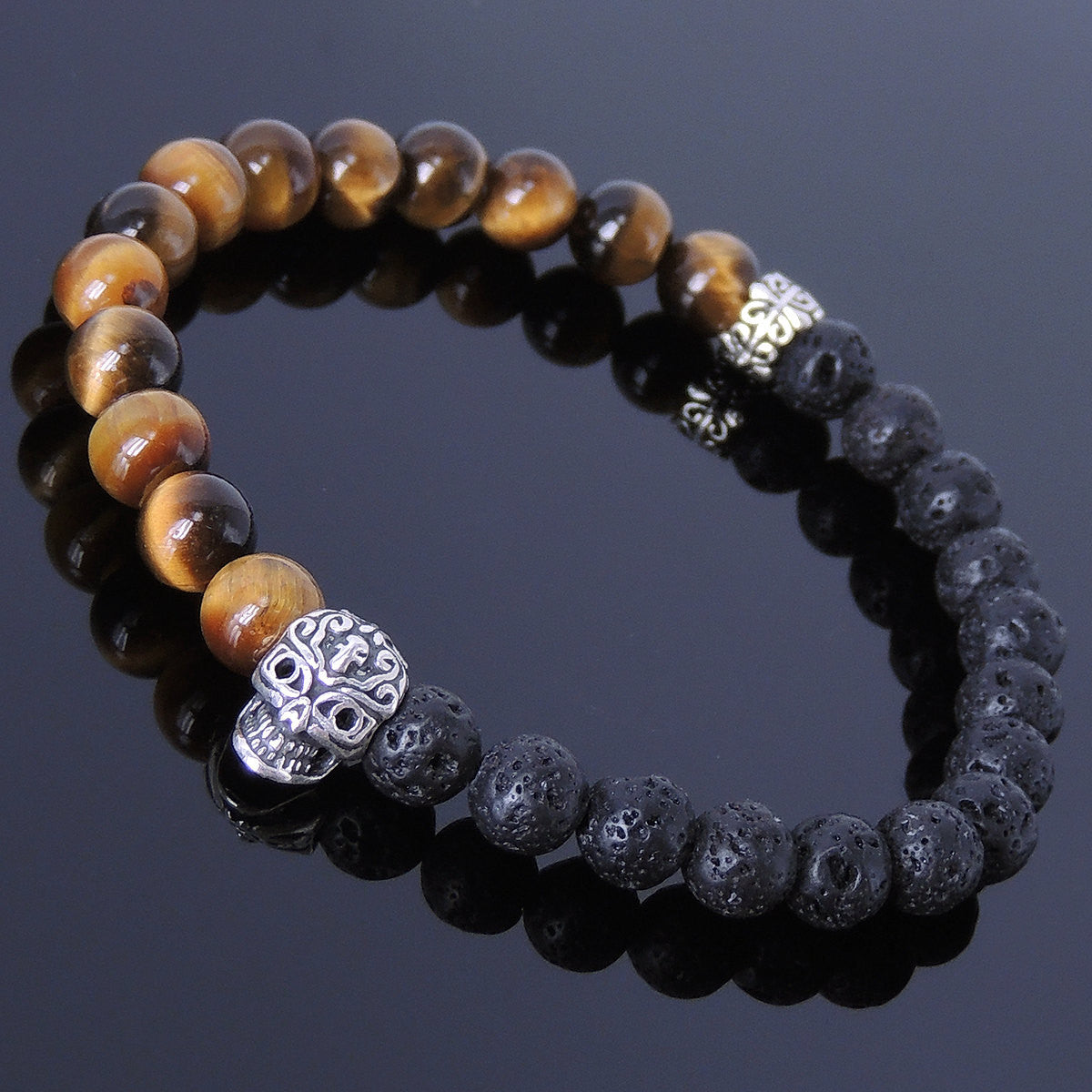 Day of the Dead Skull Tiger Eye & Lava Rock Healing Gemstone Bracelet ...