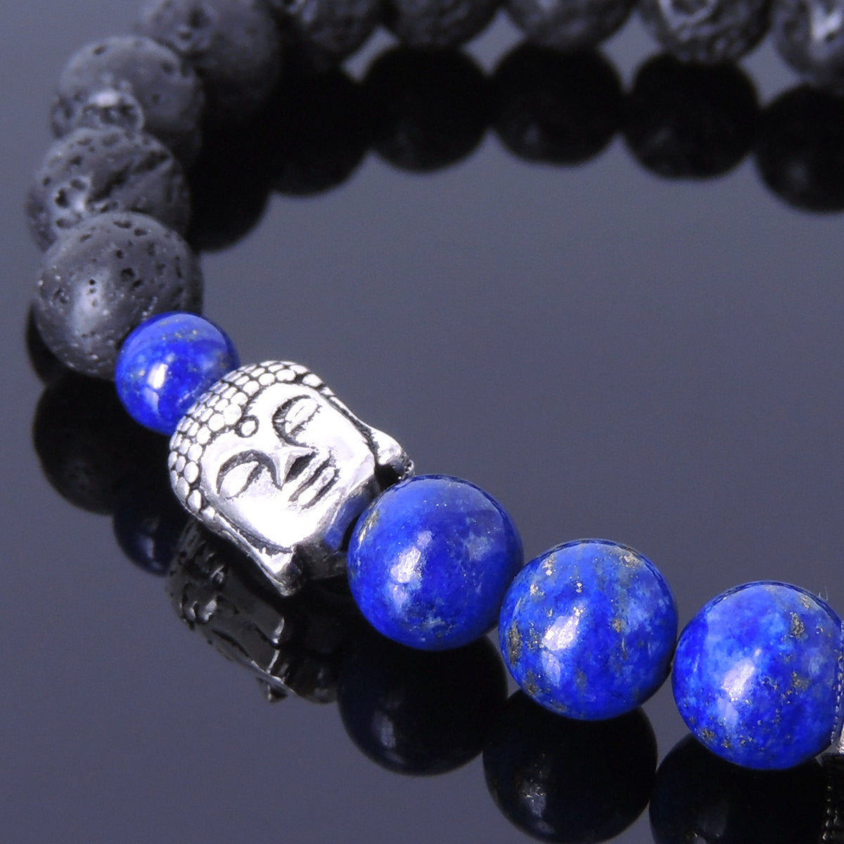 Lapis Lazuli & Lava Rock Gemstone Bracelet S925 Sterling Silver Buddha ...