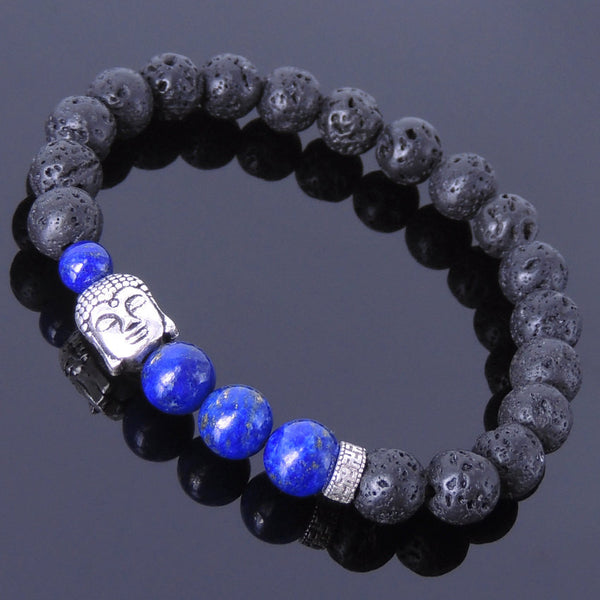 Lapis Lazuli & Lava Rock Gemstone Bracelet S925 Sterling Silver Buddha ...