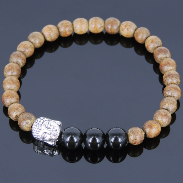 Agarwood & Black Obsidian Gemstone Bracelet with Tibetan Silver Buddha ...