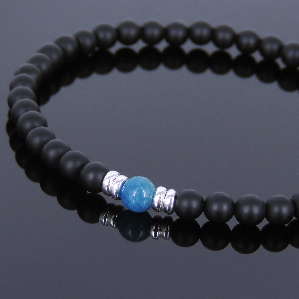 Apatite Matte Black Onyx Healing Gemstone Yoga Bracelet Silver Beads ...