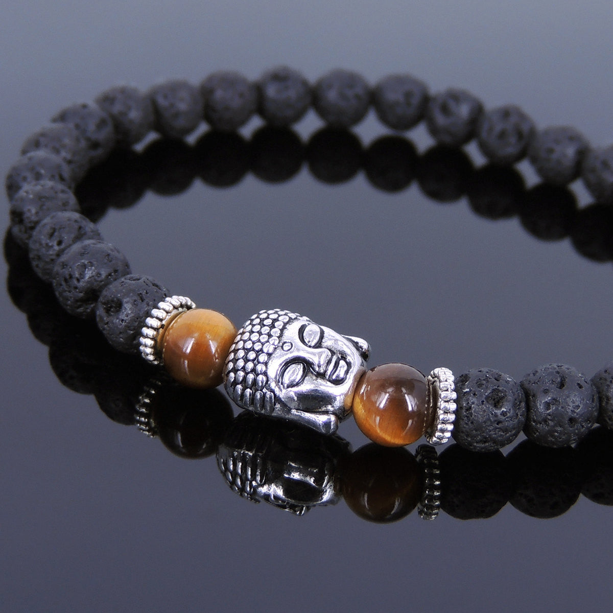 8MM Fashion Natural Lava Agate Gold Lion Buddha Head Men's Charm Beads  Bracelets | eBay