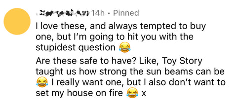 Instagram comment asking if a Suncatcher sticker will cause a fire