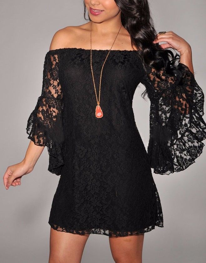 black lace bell sleeve dress