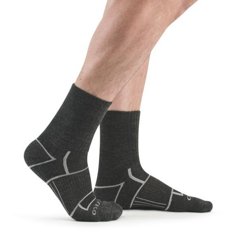 black crew socks with white/gray accents