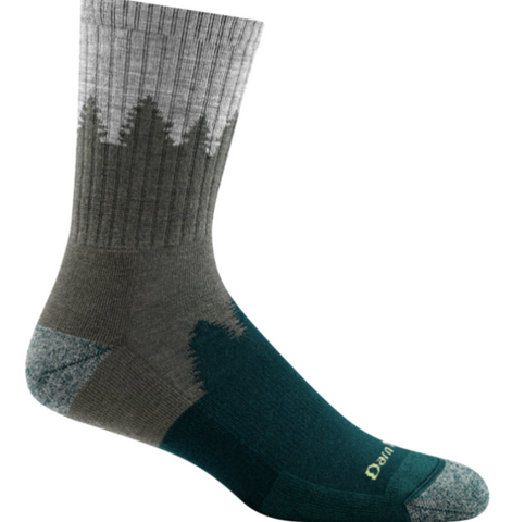 blue, dark gray and light gray crew socks with mountain design