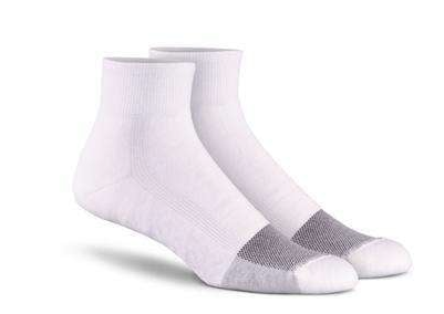 white quarter length socks with gray band around the front of the sock by toes