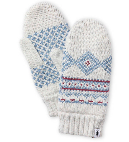 pair of white mittens with blue and red Nordic-inspired design printed on both sides