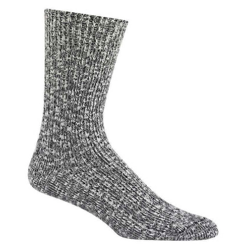 gray and white speckled knitted sock