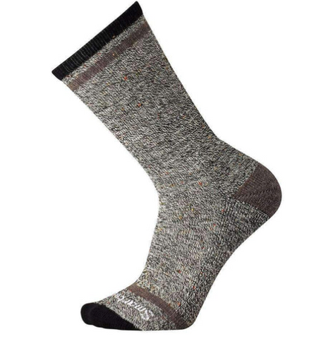 gray and white speckled knit socks with brown and black accent stripes
