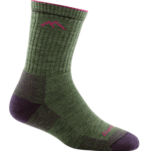 green crew sock with pink logos and purple accents on heel and toe