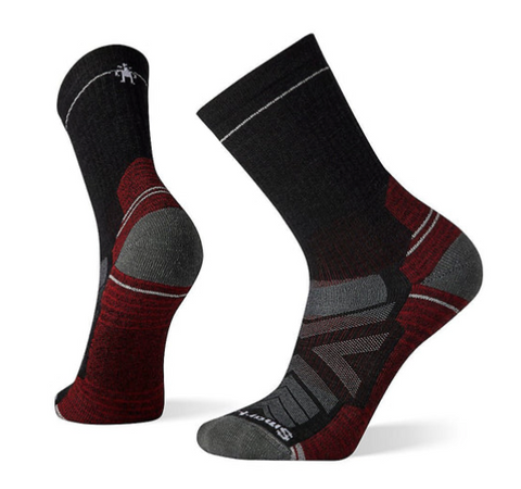 black crew socks with gray and red accents on foot