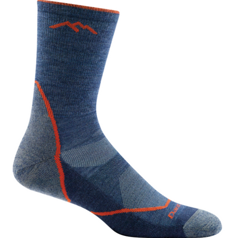 denim blue crew sock with lighter blue and neon orange accents and logo