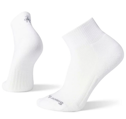 pair of white ankle socks with gray logo on toes